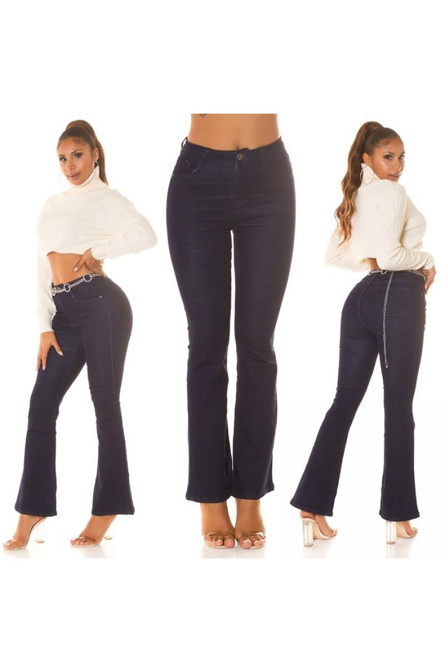 Blugi dama evazati, albastri indigo, bumbac denim, cu talia inalta, Cyndee 8 - jojofashion.ro