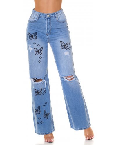 Blugi dama evazati, bleu cu fluturi, din bumbac, cu talia inalta, Andreina Blugi dama, Blugi dama evazati, bleu cu fluturi, din bumbac, cu talia inalta, Andreina - jojofashion.ro