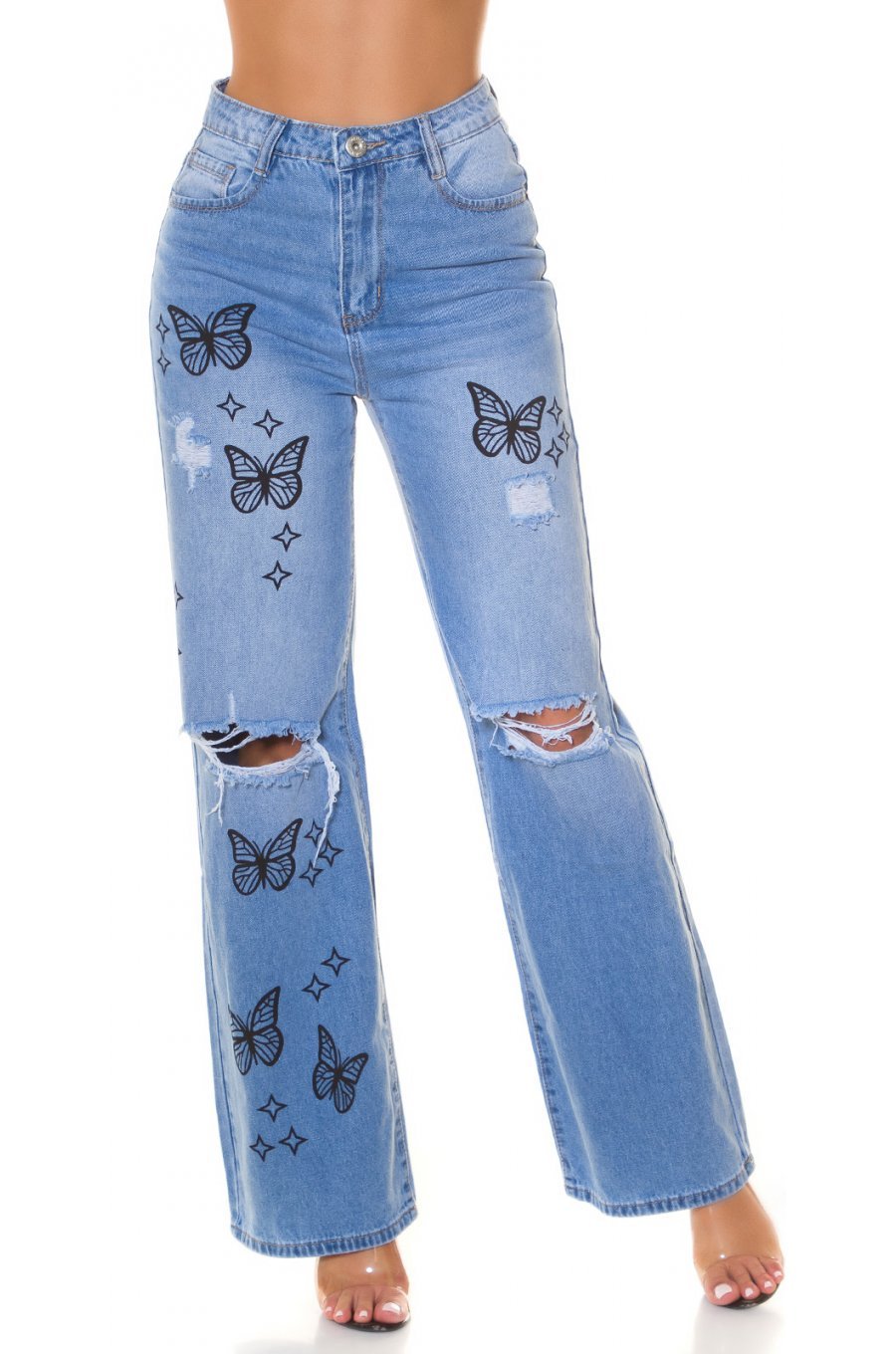 Blugi dama evazati, bleu cu fluturi, din bumbac, cu talia inalta, Andreina 1 - jojofashion.ro