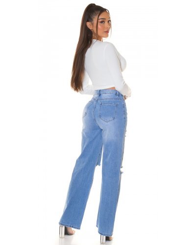 Blugi dama evazati, bleu cu fluturi, din bumbac, cu talia inalta, Andreina Blugi dama, Blugi dama evazati, bleu cu fluturi, din bumbac, cu talia inalta, Andreina - jojofashion.ro