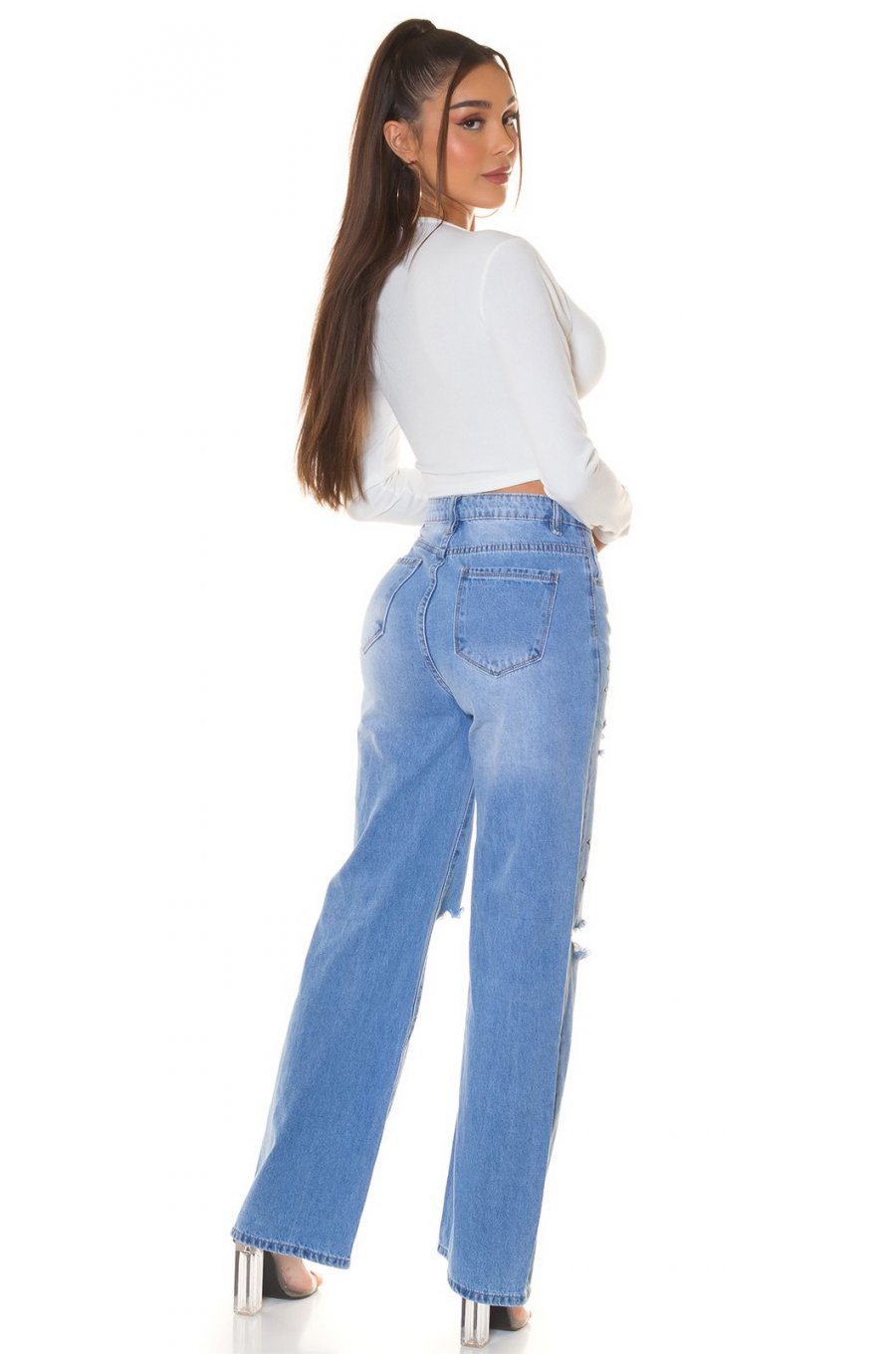 Blugi dama evazati, bleu cu fluturi, din bumbac, cu talia inalta, Andreina 2 - jojofashion.ro