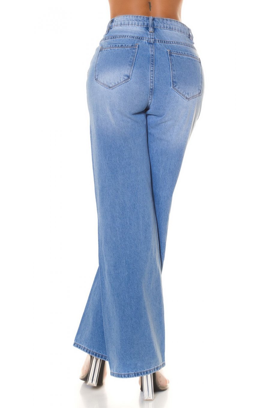 Blugi dama evazati, bleu cu fluturi, din bumbac, cu talia inalta, Andreina 4 - jojofashion.ro