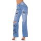 Blugi dama evazati, bleu cu fluturi, din bumbac, cu talia inalta, Andreina 6 - jojofashion.ro