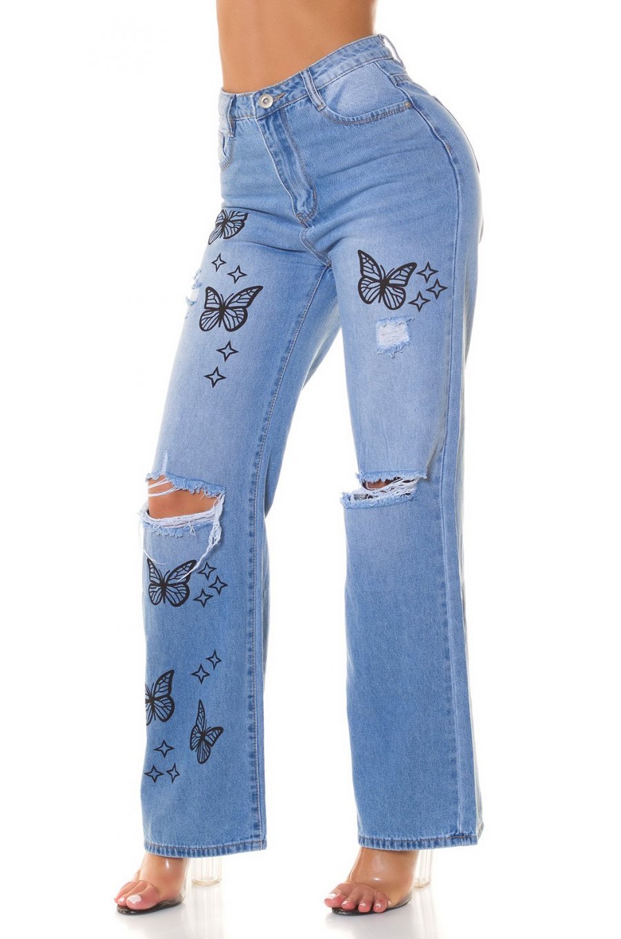 Blugi dama evazati, bleu cu fluturi, din bumbac, cu talia inalta, Andreina 5 - jojofashion.ro