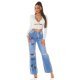 Blugi dama evazati, bleu cu fluturi, din bumbac, cu talia inalta, Andreina 7 - jojofashion.ro