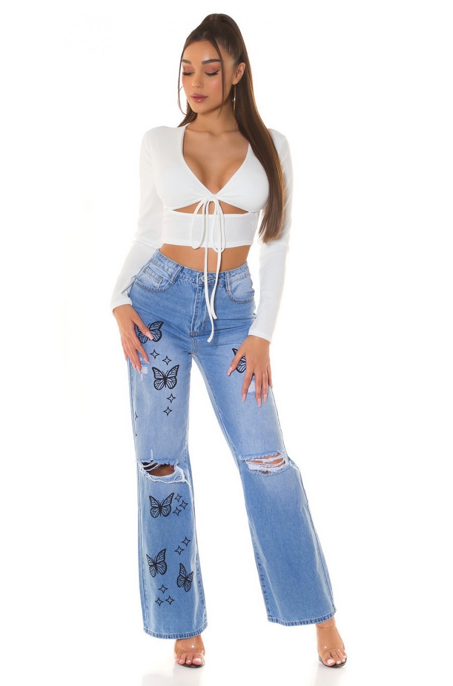 Blugi dama evazati, bleu cu fluturi, din bumbac, cu talia inalta, Andreina 6 - jojofashion.ro
