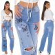 Blugi dama evazati, bleu cu fluturi, din bumbac, cu talia inalta, Andreina 8 - jojofashion.ro