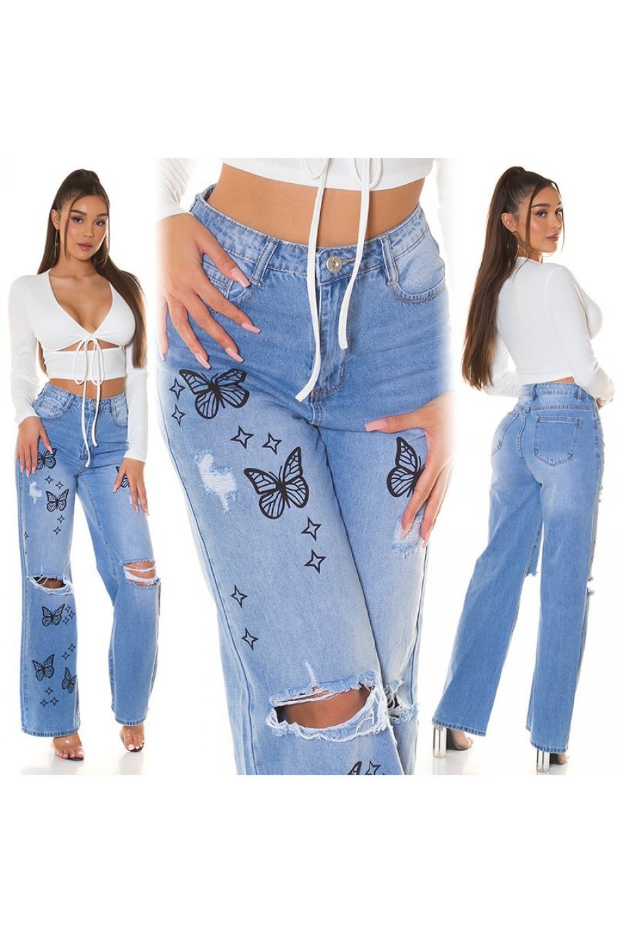 Blugi dama evazati, bleu cu fluturi, din bumbac, cu talia inalta, Andreina 7 - jojofashion.ro