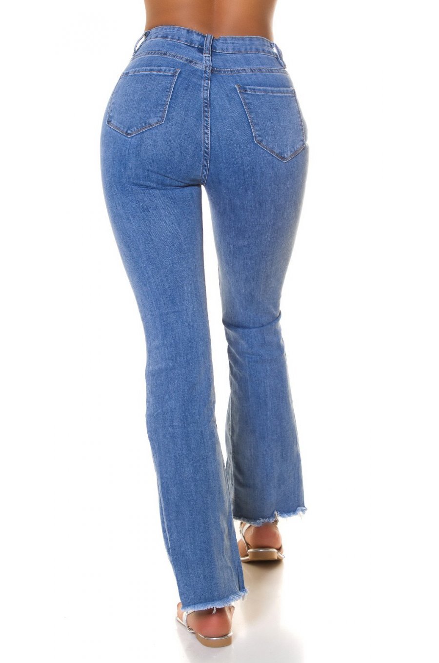 Blugi dama evazati, bleu, din bumbac, cu talia inalta, Christina 2 - jojofashion.ro