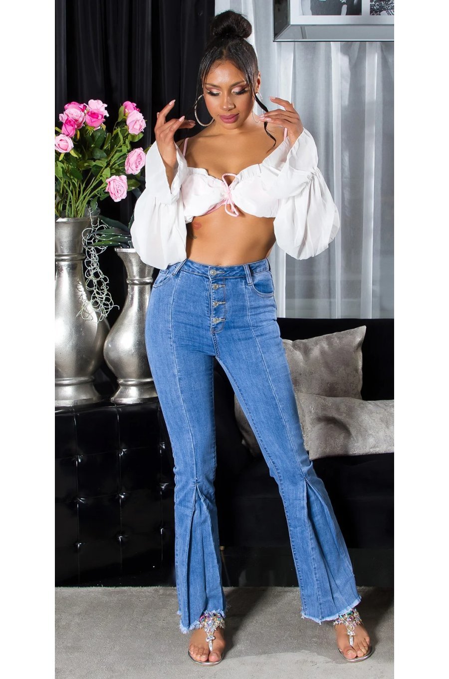 Blugi dama evazati, bleu, din bumbac, cu talia inalta, Christina 3 - jojofashion.ro