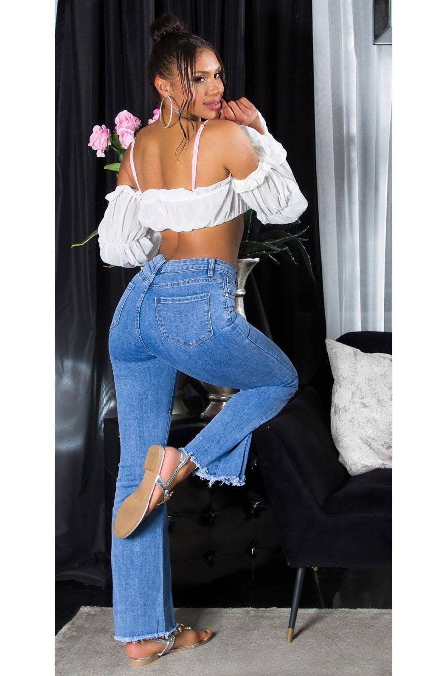 Blugi dama evazati, bleu, din bumbac, cu talia inalta, Christina 4 - jojofashion.ro