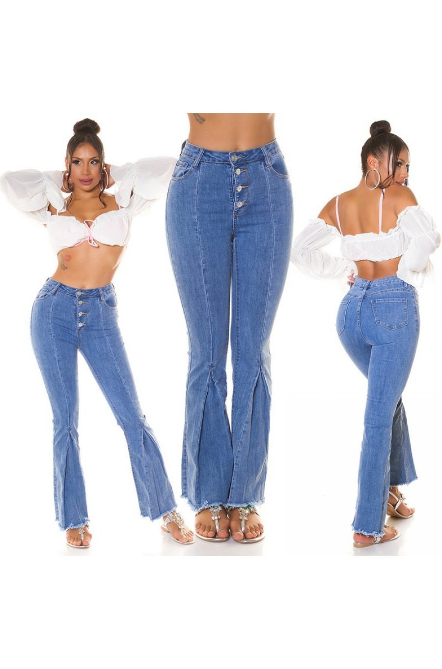 Blugi dama evazati, bleu, din bumbac, cu talia inalta, Christina 5 - jojofashion.ro