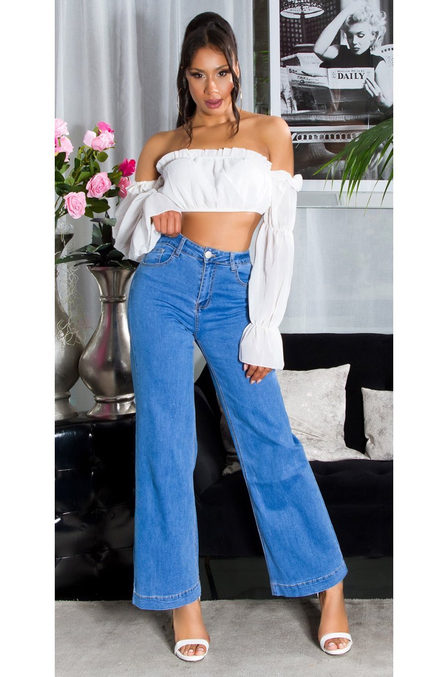 Blugi dama evazati, bleu, din bumbac, cu talia inalta, Naylah 3 - jojofashion.ro