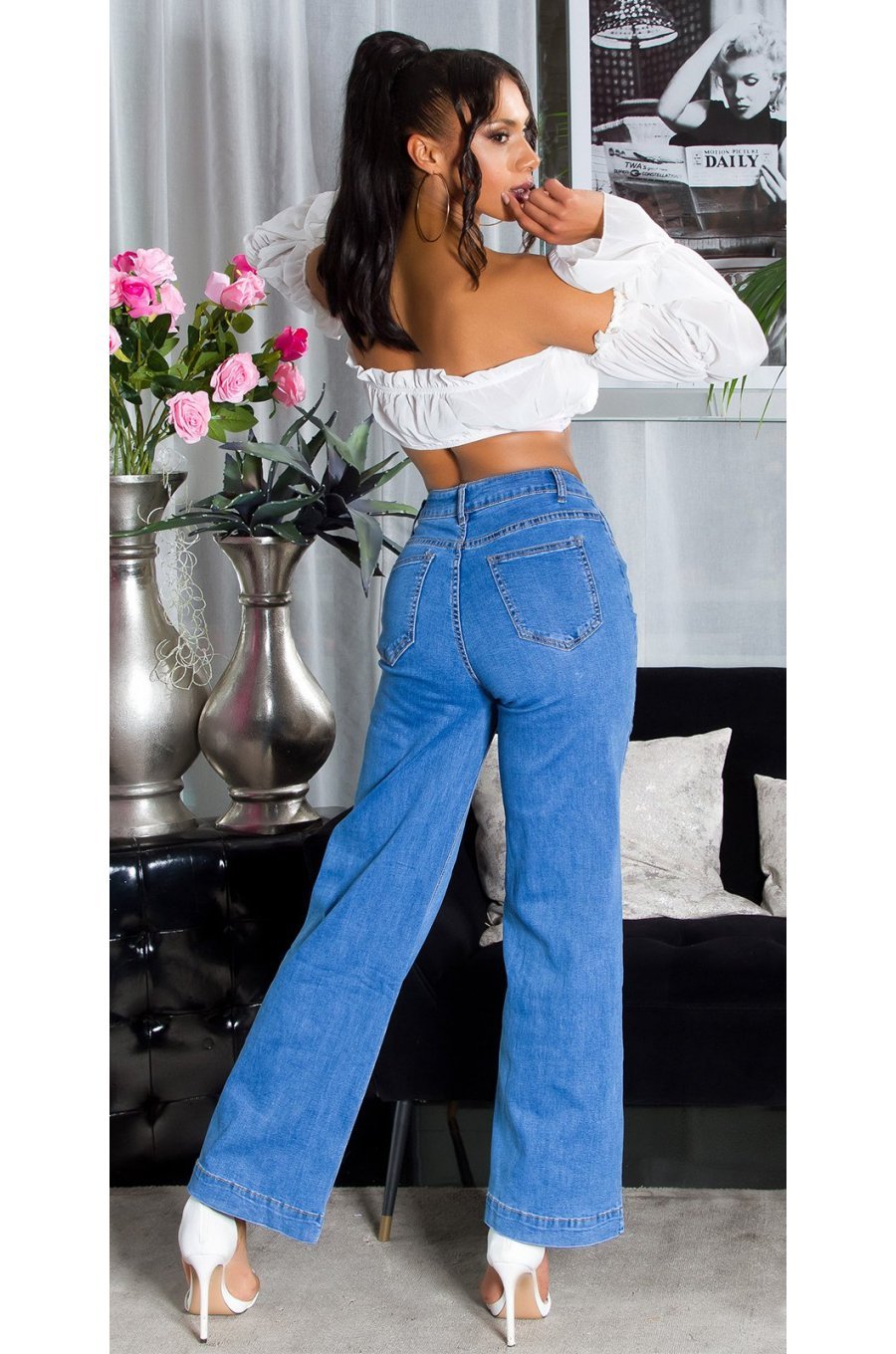 Blugi dama evazati, bleu, din bumbac, cu talia inalta, Naylah 4 - jojofashion.ro