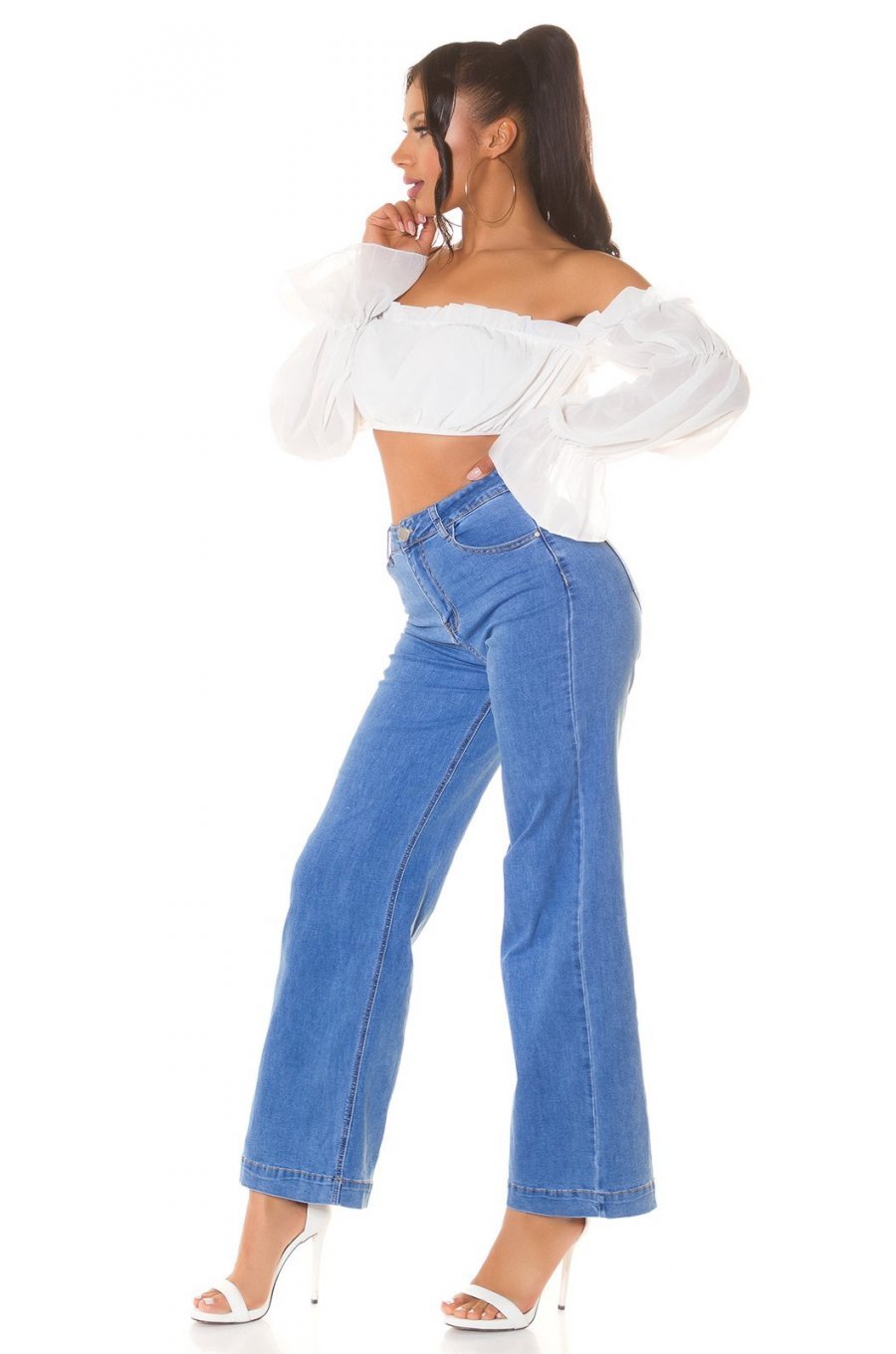 Blugi dama evazati, bleu, din bumbac, cu talia inalta, Naylah 7 - jojofashion.ro
