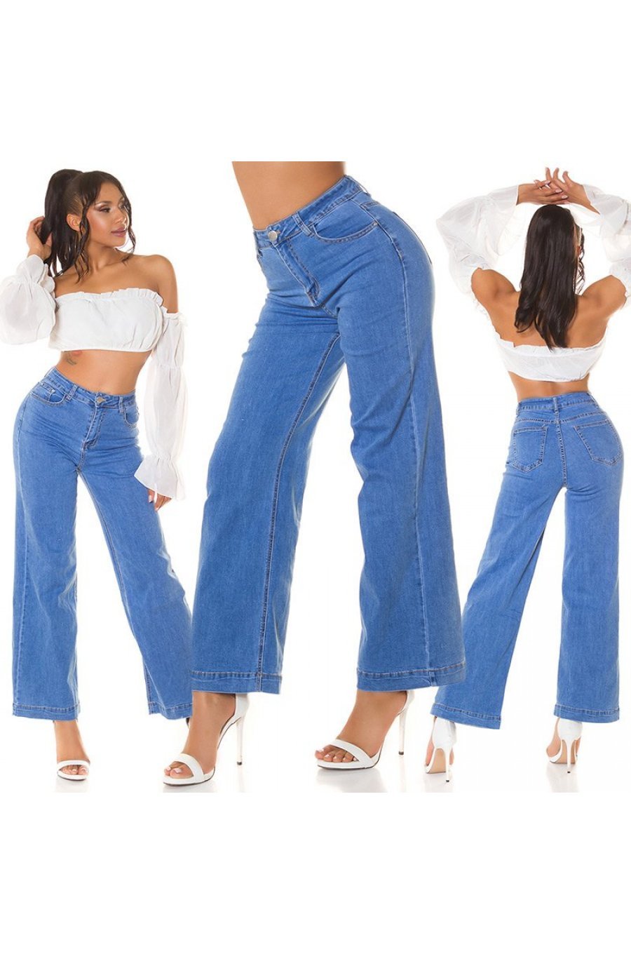 Blugi dama evazati, bleu, din bumbac, cu talia inalta, Naylah 8 - jojofashion.ro