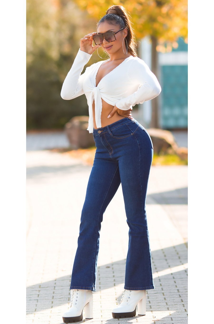 Blugi dama evazati, denim, albastri, bootcut, Helga 3 - jojofashion.ro