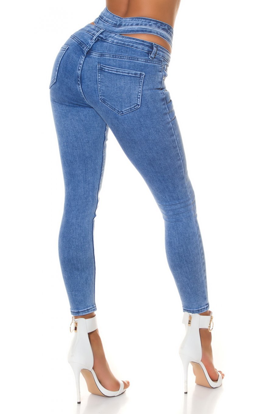 Blugi dama mulati, albastri, din bumbac, cu talia inalta, decupati, Sabinne 2 - jojofashion.ro