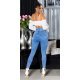 Blugi dama mulati, albastri, din bumbac, cu talia inalta, decupati, Sabinne 5 - jojofashion.ro