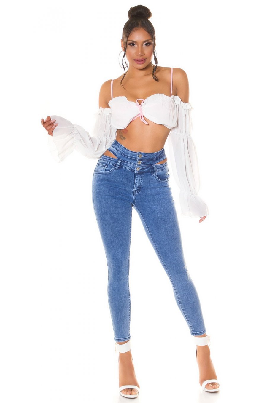 Blugi dama mulati, albastri, din bumbac, cu talia inalta, decupati, Sabinne 5 - jojofashion.ro