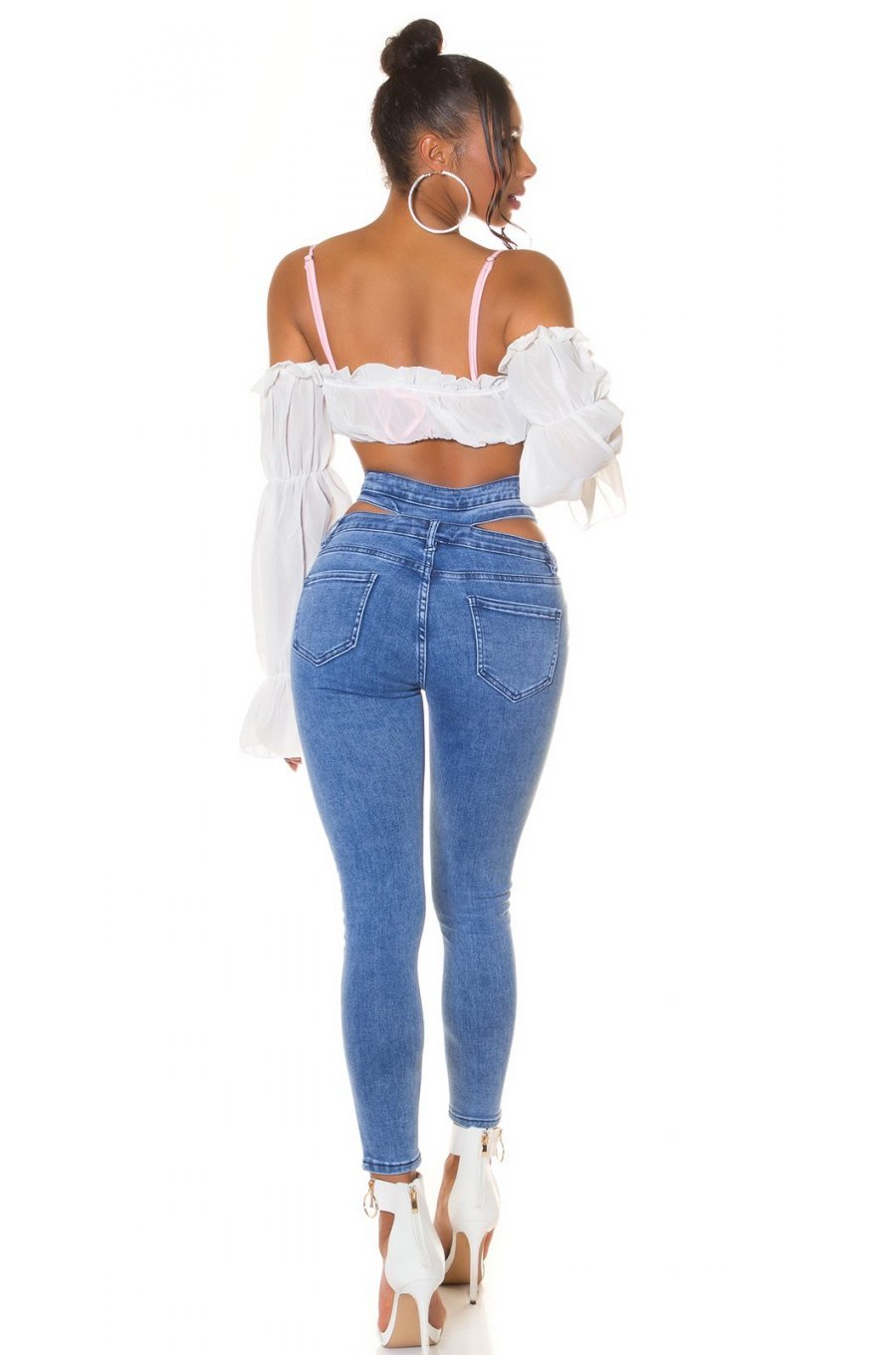 Blugi dama mulati, albastri, din bumbac, cu talia inalta, decupati, Sabinne 6 - jojofashion.ro