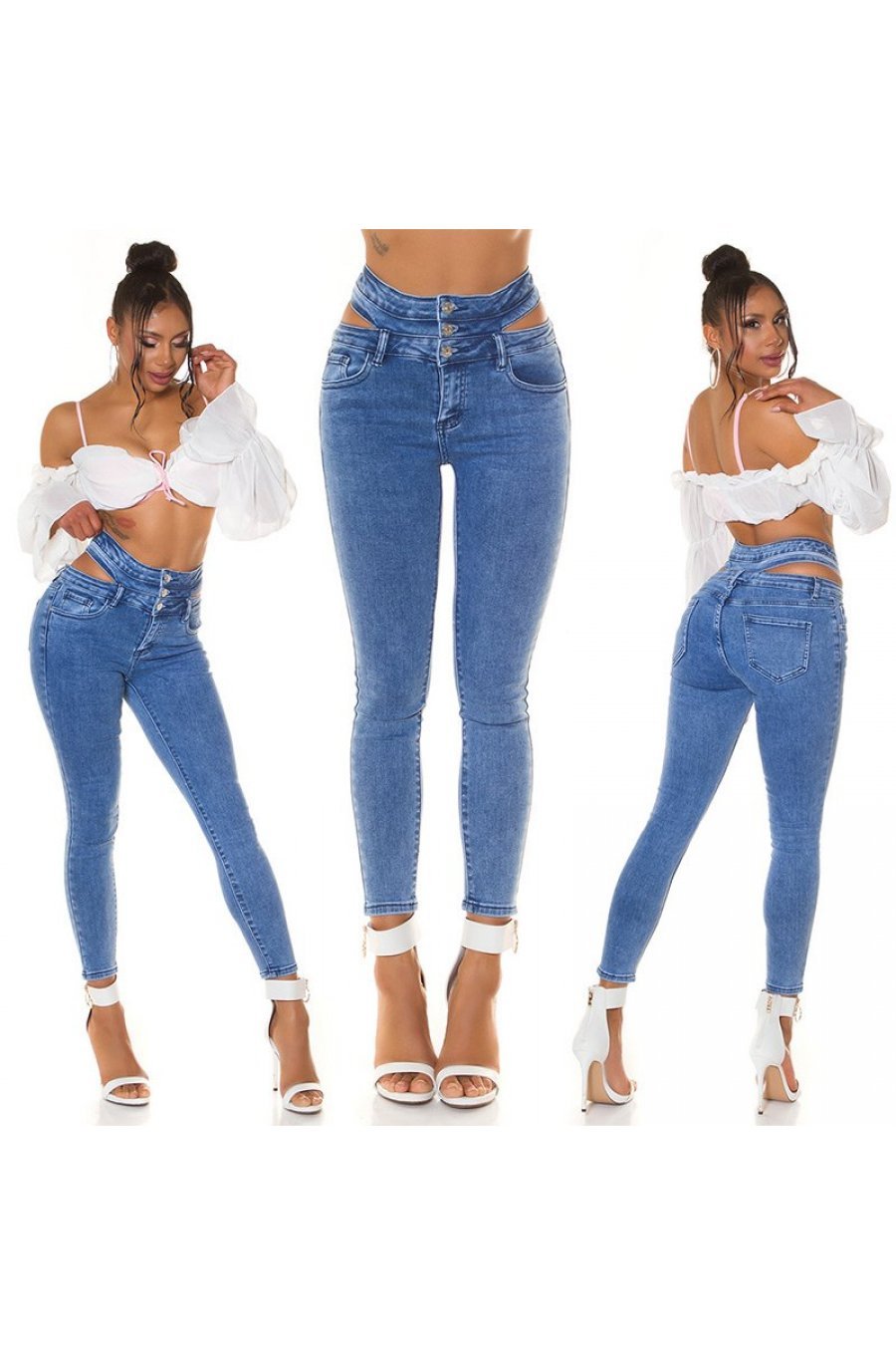 Blugi dama mulati, albastri, din bumbac, cu talia inalta, decupati, Sabinne 10 - jojofashion.ro