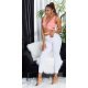 Tinuta de club cu blugi mulati, albi si crop top corai Krame 2 - jojofashion.ro
