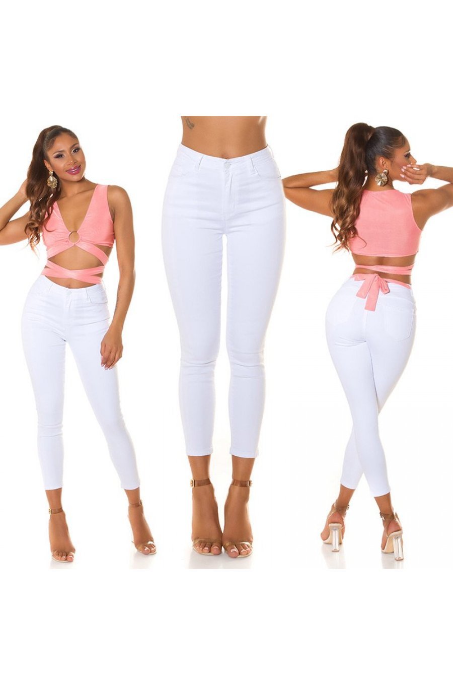 Tinuta de club cu blugi mulati, albi si crop top corai Krame 2 - jojofashion.ro