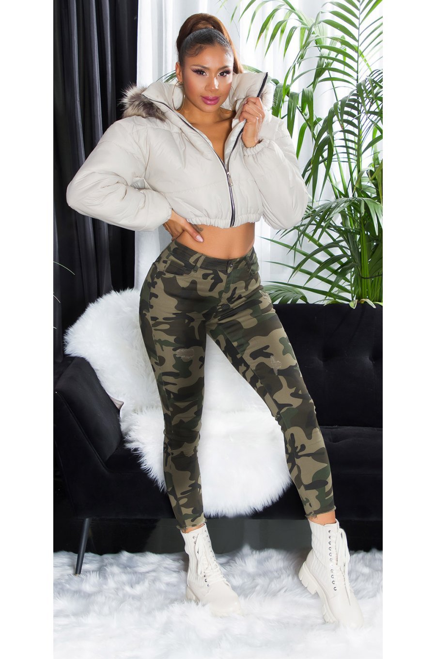Blugi dama mulati, army print camuflaj, kaki, din bumbac, Cargo 4 - jojofashion.ro