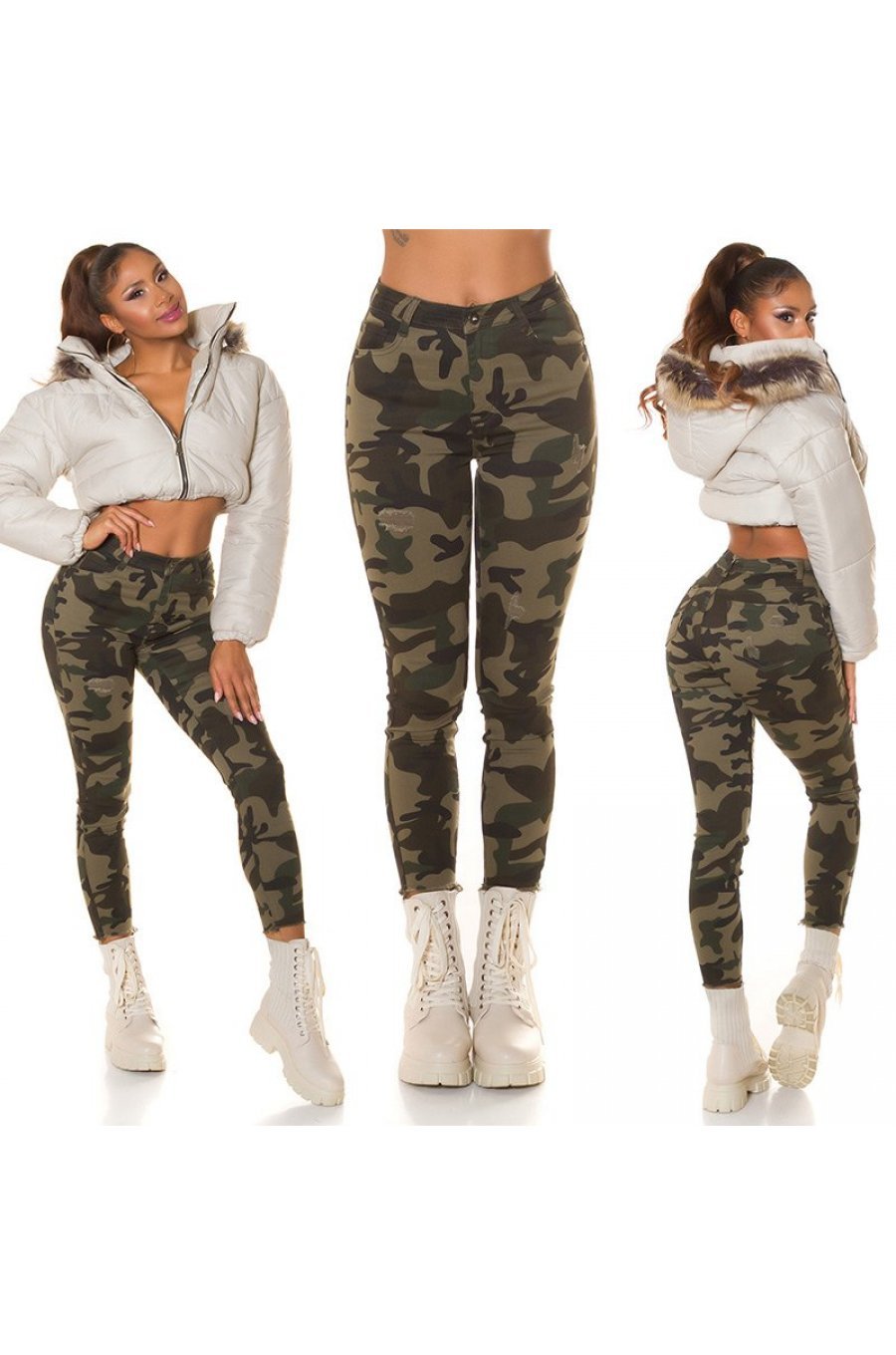 Blugi dama mulati, army print camuflaj, kaki, din bumbac, Cargo 6 - jojofashion.ro