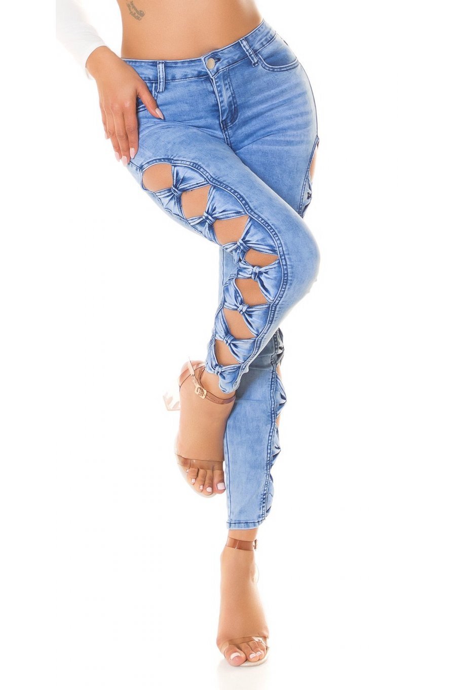 Blugi dama mulati, bleu, din bumbac, prespalati, taiati pe lateral, Kioni 1 - jojofashion.ro