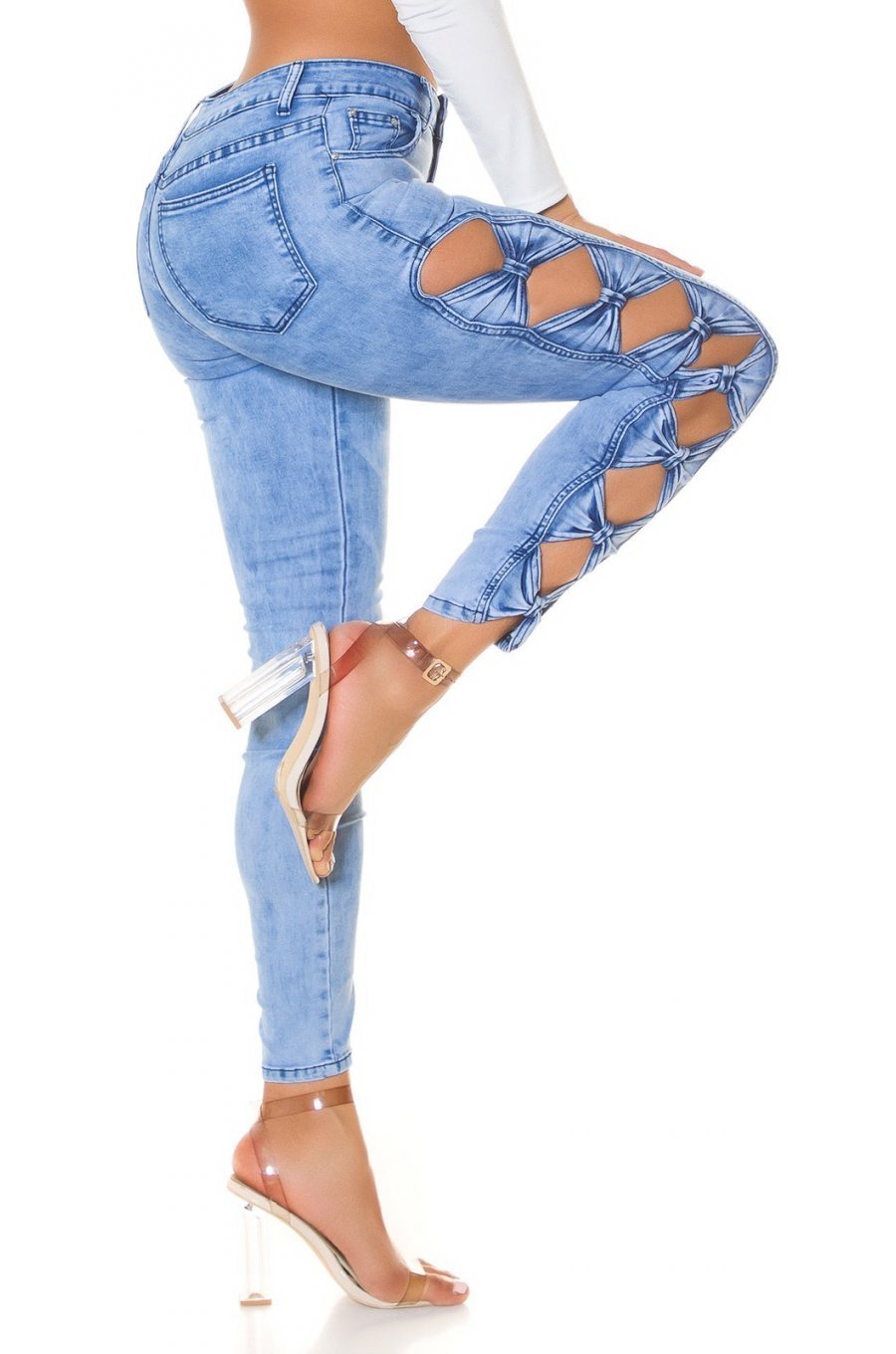 Blugi dama mulati, bleu, din bumbac, prespalati, taiati pe lateral, Kioni 2 - jojofashion.ro