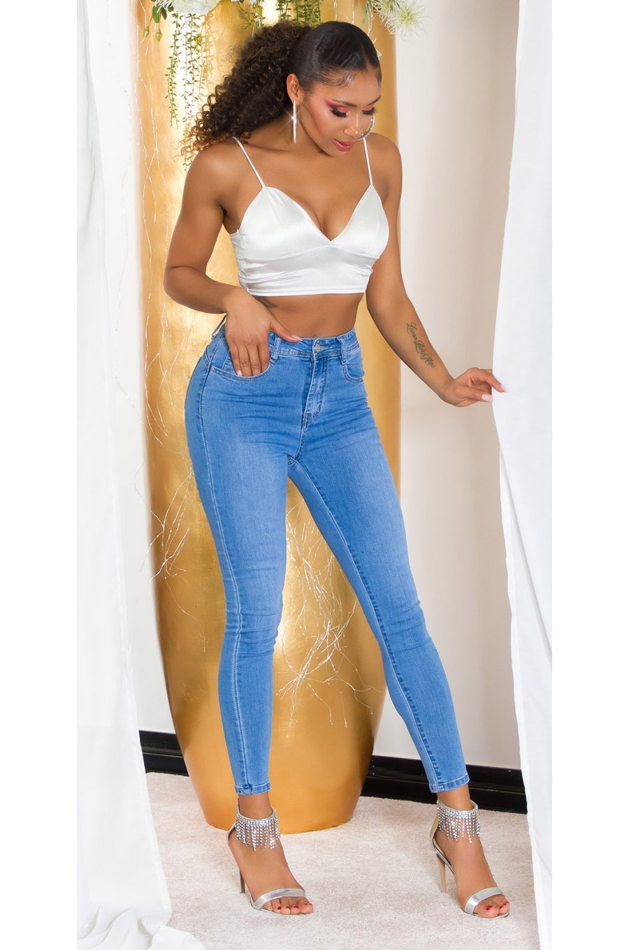 Blugi dama mulati, bleu, din bumbac, skinny, cu talia inalta, Mojo 4 - jojofashion.ro