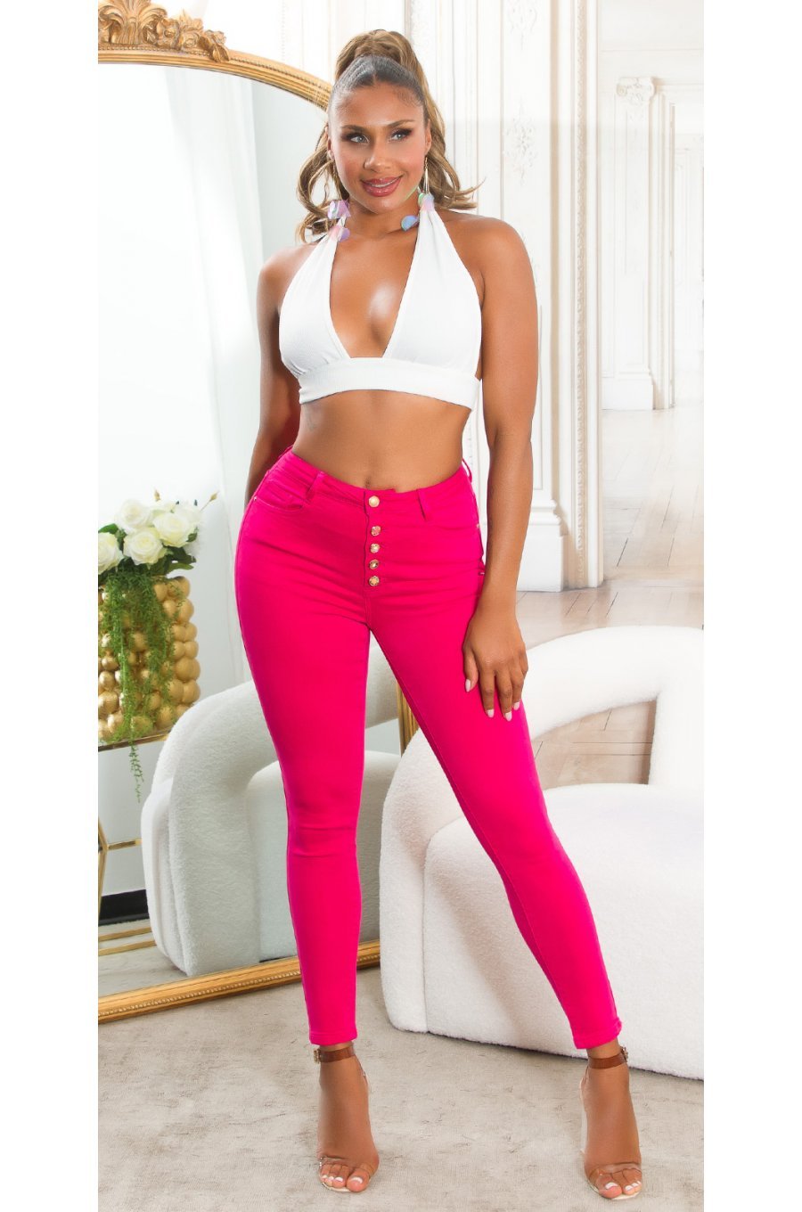 Blugi dama mulati, ciclam, din bumbac, mulati, cu talia inalta, Thana 3 - jojofashion.ro