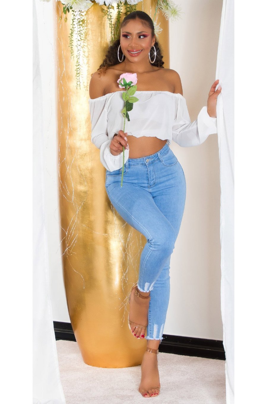 Blugi dama mulati, cu push up, bleu, din bumbac, rupti, cu talia inalta, Rowenn 4 - jojofashion.ro