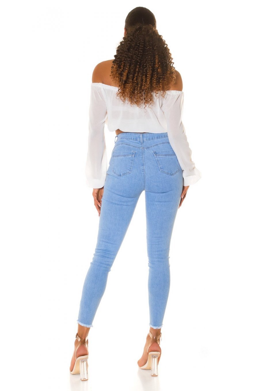 Blugi dama mulati, cu push up, bleu, din bumbac, rupti, cu talia inalta, Rowenn 7 - jojofashion.ro