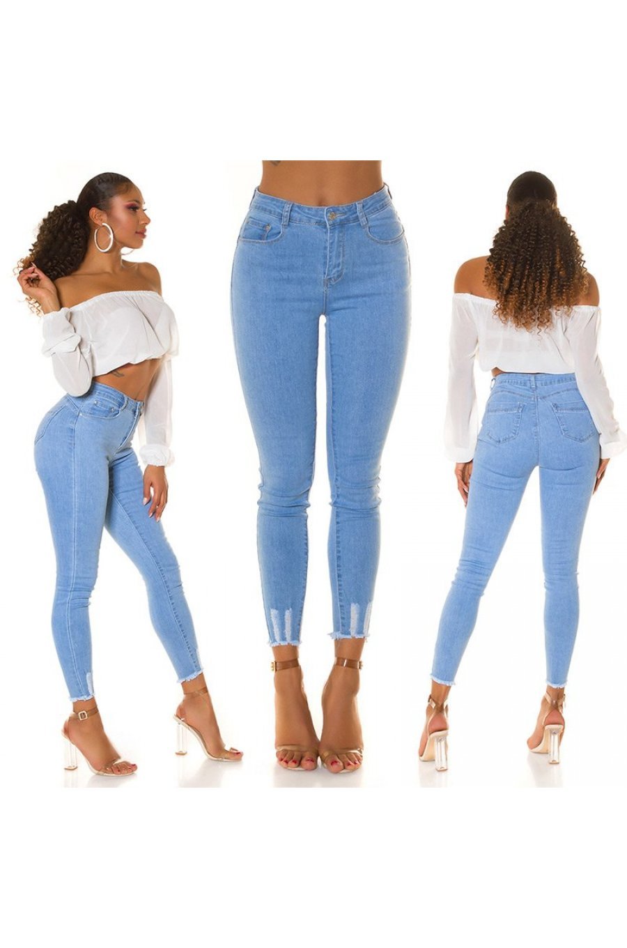 Blugi dama mulati, cu push up, bleu, din bumbac, rupti, cu talia inalta, Rowenn 9 - jojofashion.ro