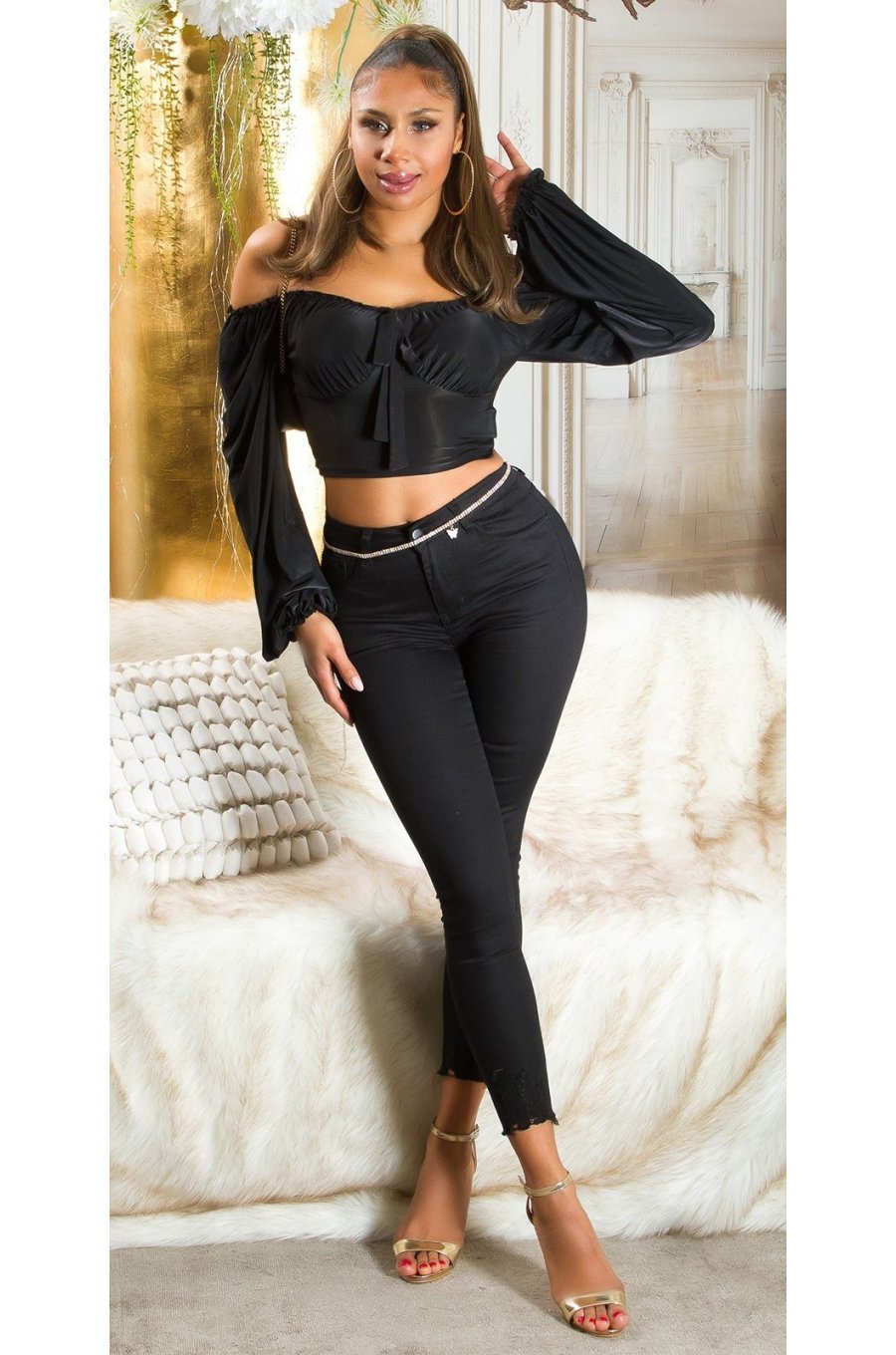 Blugi dama mulati, negri, din bumbac, cu talia inalta, Dallya 3 - jojofashion.ro
