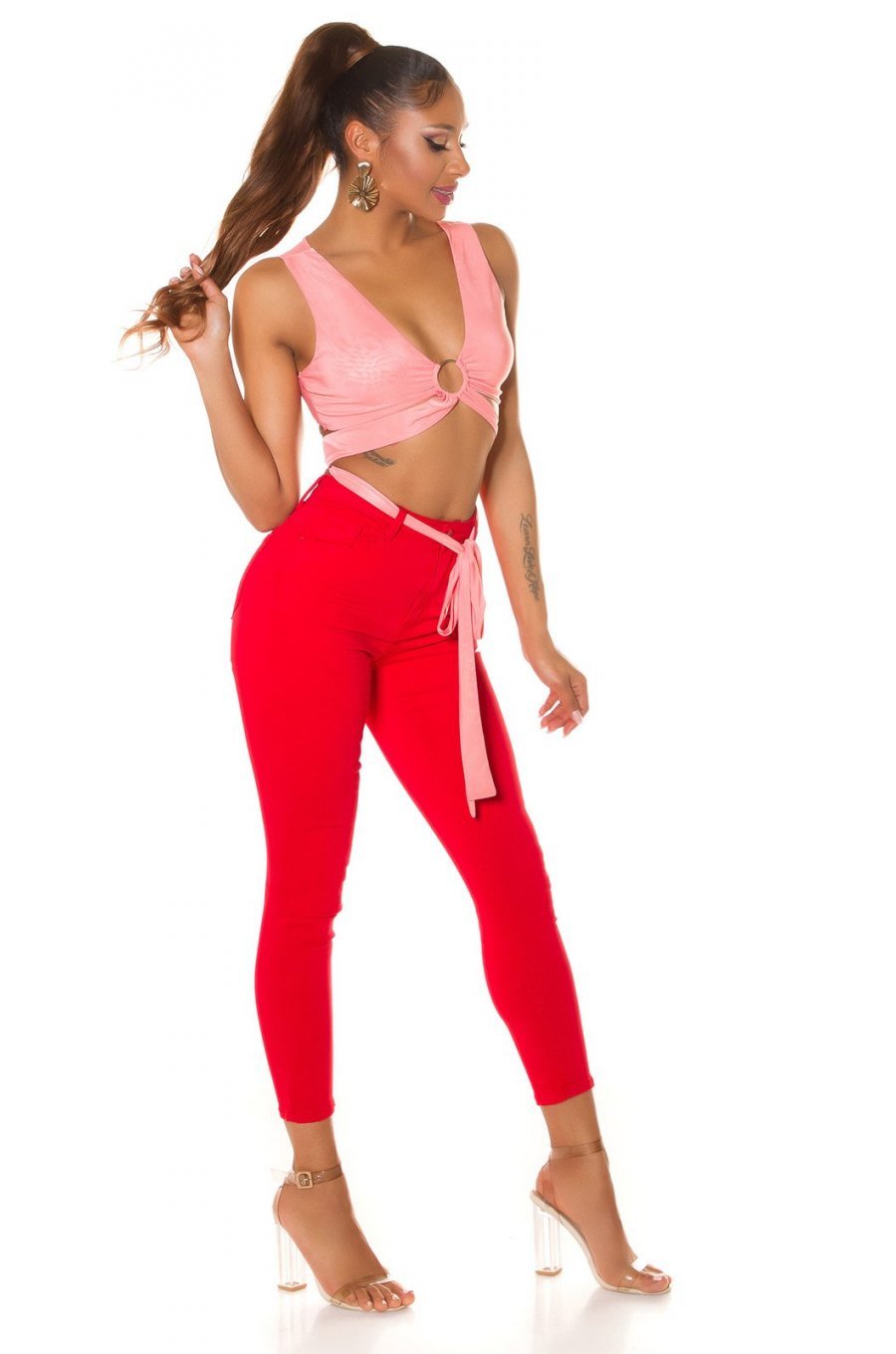 Blugi dama mulati, rosii, din bumbac, cu talia inalta, Krame Blugi dama mulati, rosii, din bumbac, cu talia inalta, Krame 5 - jojofashion.ro