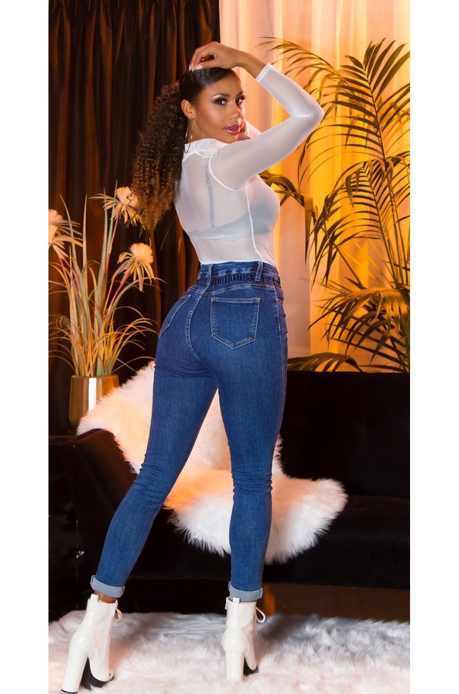 Blugi dama paperbag, albastri, denim, mulati, cu talia inalta, Loulu 4 - jojofashion.ro