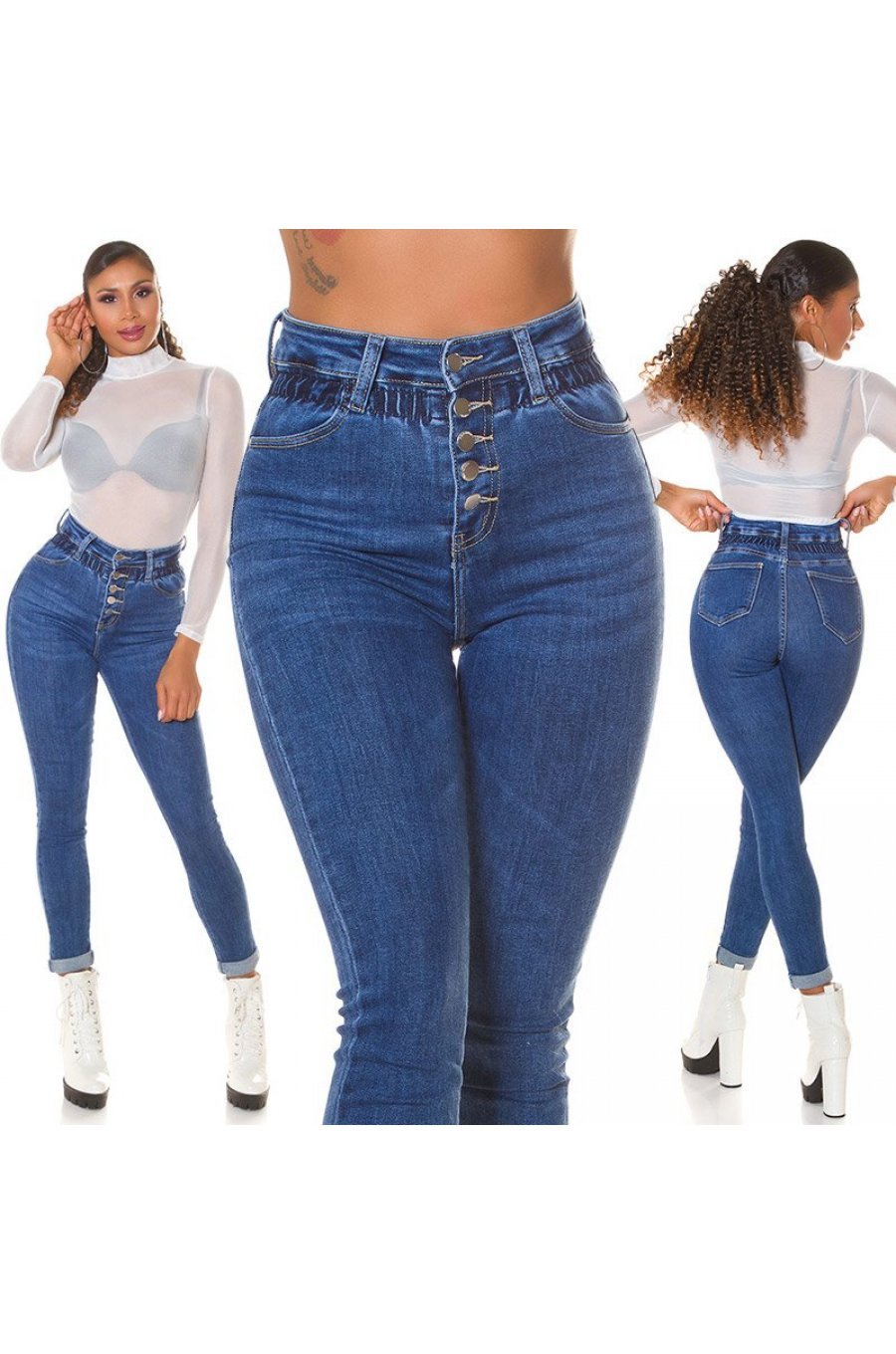 Blugi dama paperbag, albastri, denim, mulati, cu talia inalta, Loulu 7 - jojofashion.ro
