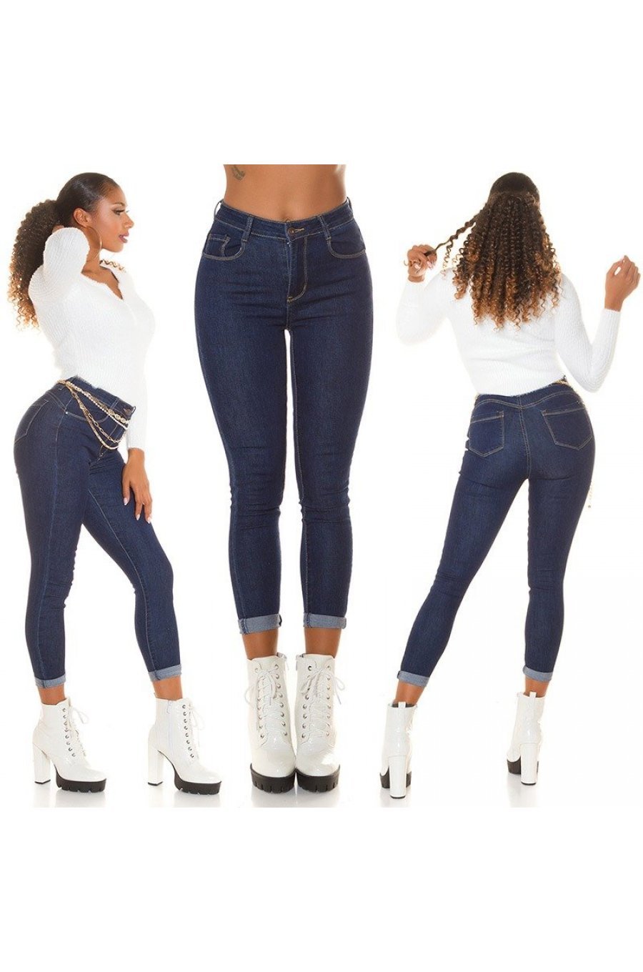 Blugi dama push up, albastri indigo, denim, cu talia inalta Tryxe 7 - jojofashion.ro