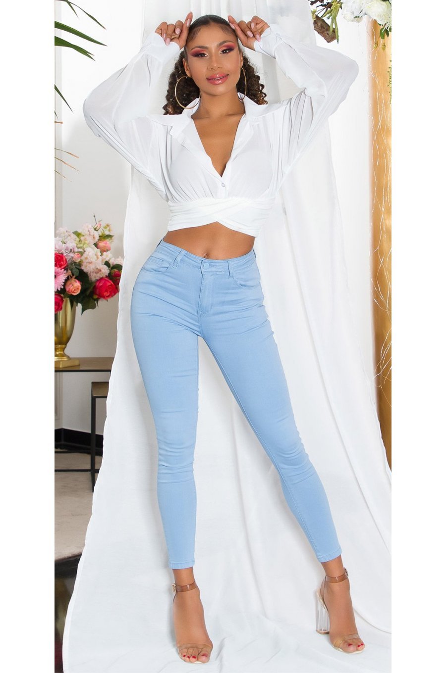 Blugi dama push up, baby blue, denim, cu talia inalta, Pikme 4 - jojofashion.ro