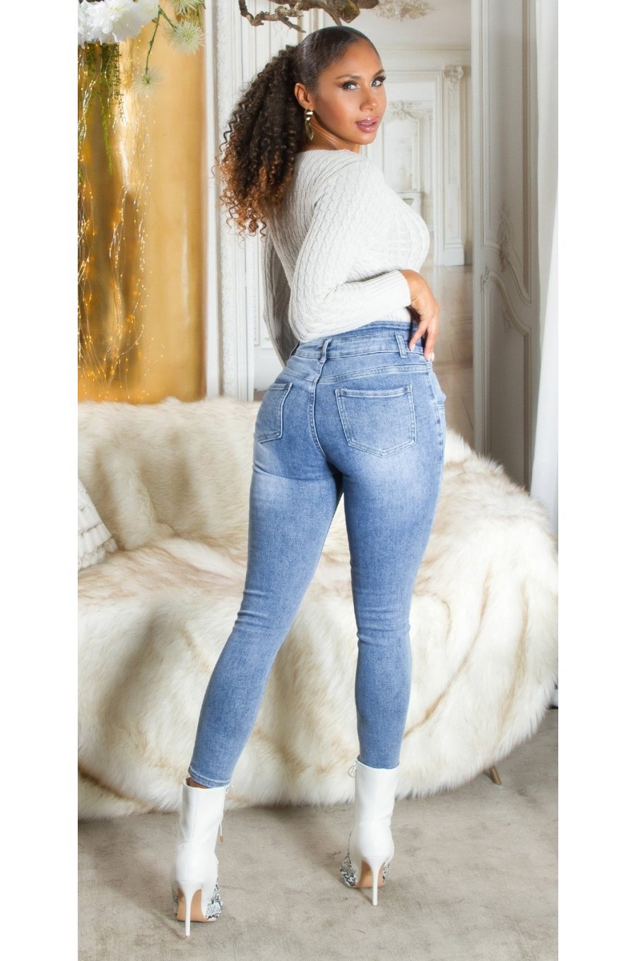 Blugi dama push up, bleu, din bumbac, cu cinci nasturi, Sangita 4 - jojofashion.ro
