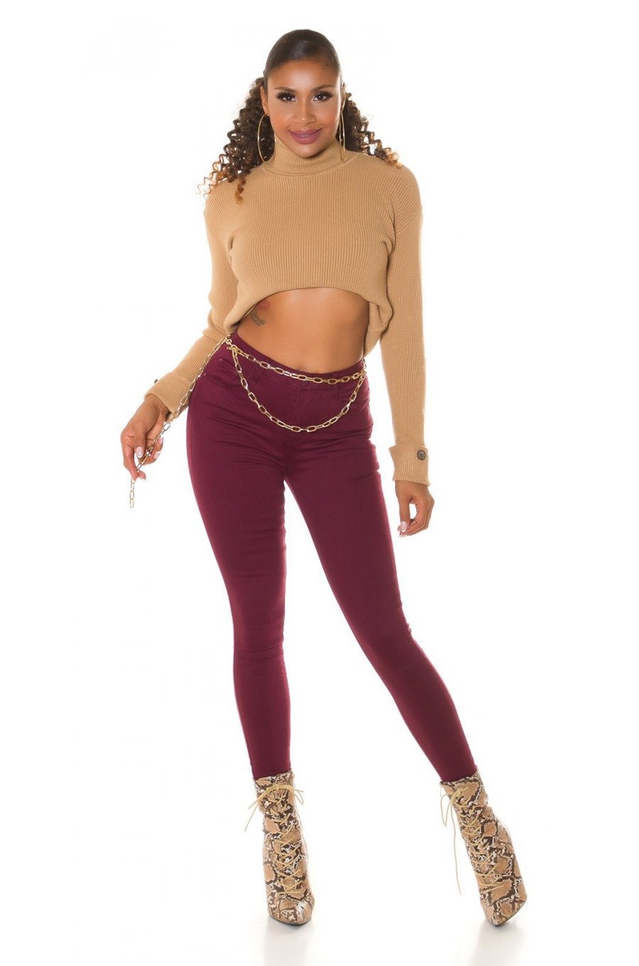 Blugi dama push up, burgundy, denim, cu talia inalta, Pikme 4 - jojofashion.ro