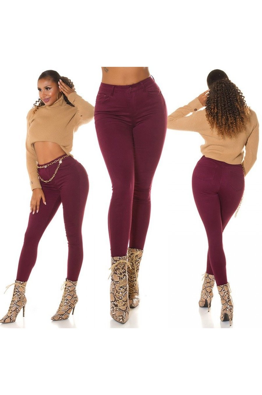 Blugi dama push up, burgundy, denim, cu talia inalta, Pikme 7 - jojofashion.ro