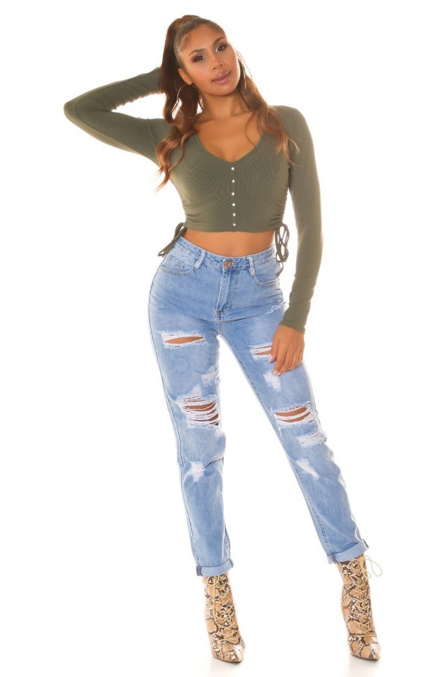 Blugi dama rupti, albastri, din bumbac, cu talia inalta, Renee 5 - jojofashion.ro