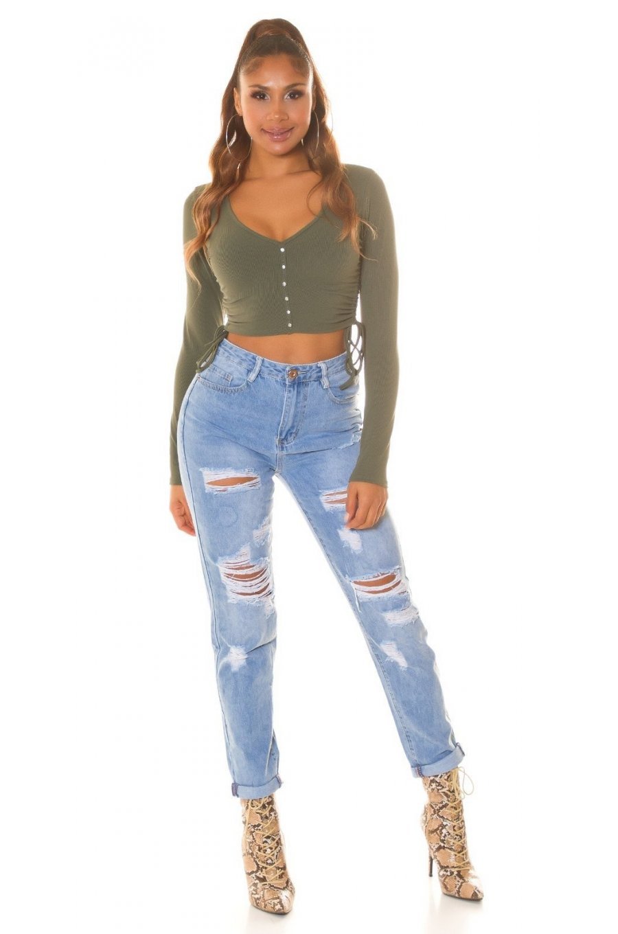 Blugi dama rupti, albastri, din bumbac, cu talia inalta, Renee 8 - jojofashion.ro