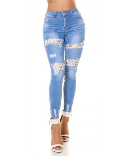 Blugi dama rupti, bleu, din bumbac, cu insertii din dantela, Keanne Blugi dama, Blugi dama rupti, bleu, din bumbac, cu insertii din dantela, Keanne - jojofashion.ro