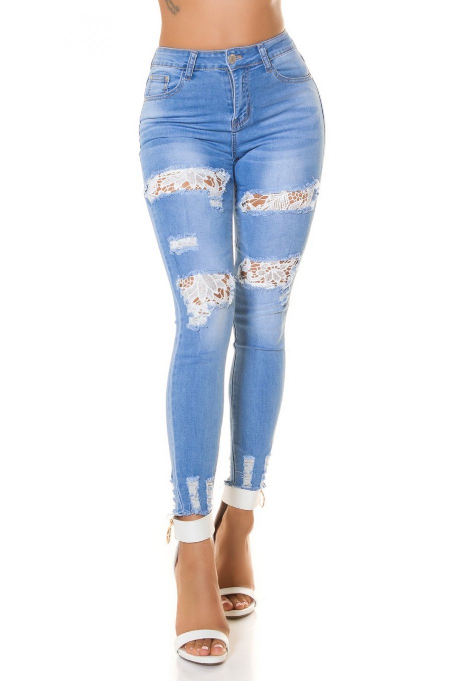 Blugi dama rupti, bleu, din bumbac, cu insertii din dantela, Keanne 1 - jojofashion.ro